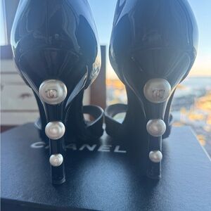Chanel Black Patent Heels Pearl Detail Rare Style Worn 3 Times